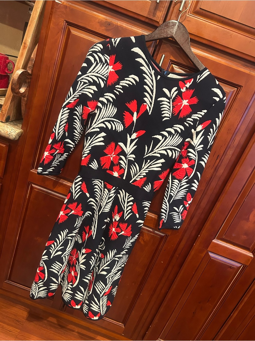 Carolina Herrera Blue Floral Knit Midi Dress with Red & Cream Motif Size S